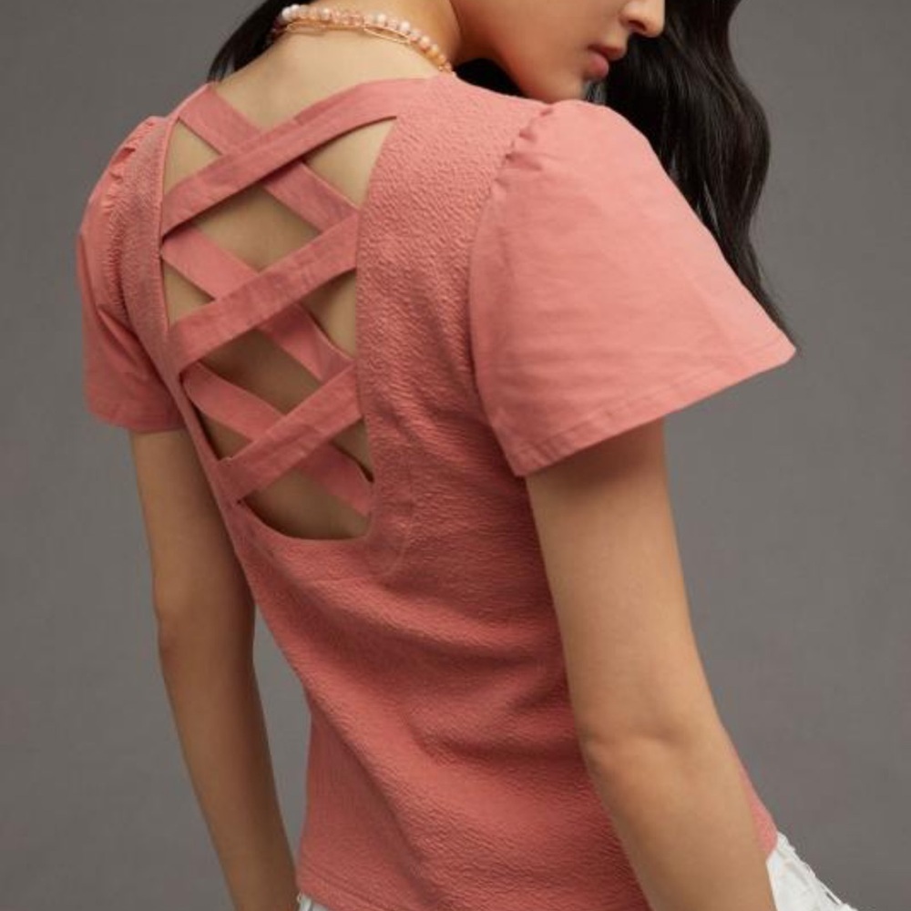 Anthropologie Flutter Sleeve Textured Pink Criss Cross Back Short Sleeve Top L